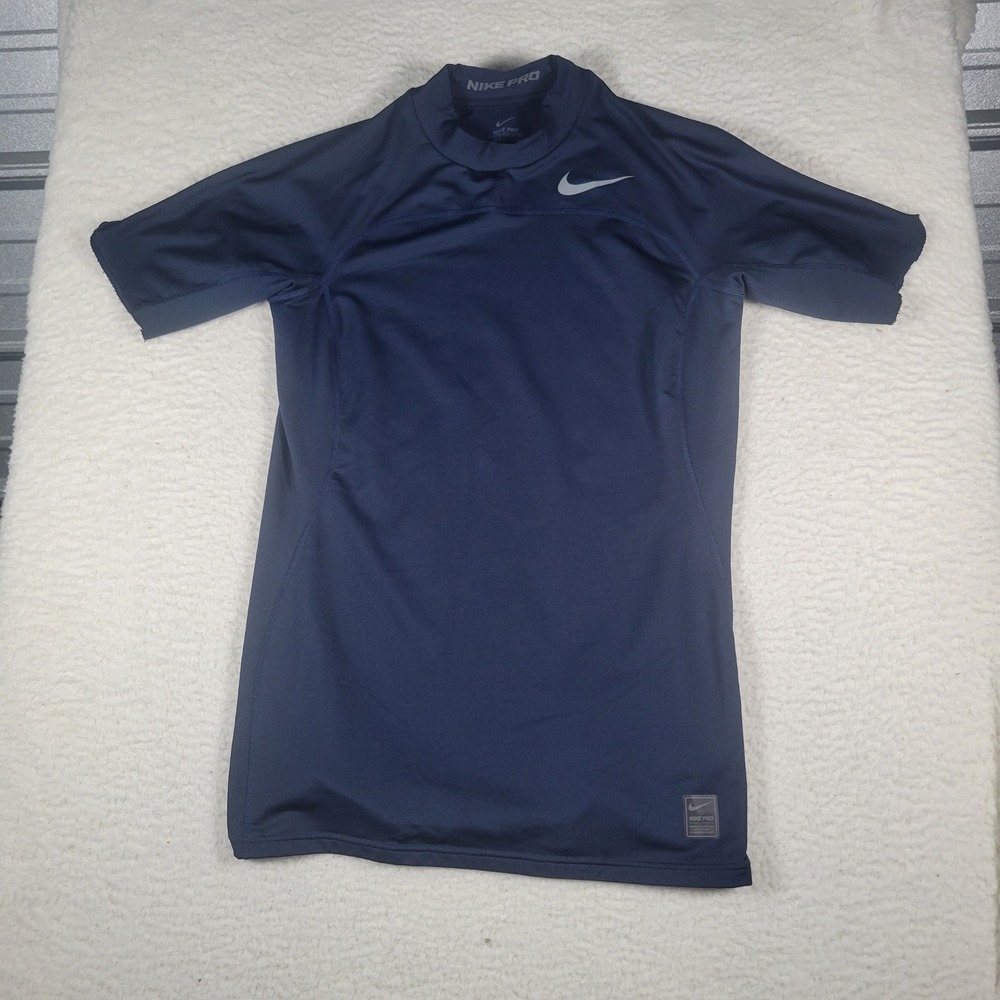 Nike Pro Hyperwarm Compression Shirt Mens XL Navy Blue Short Sleeve Mock Neck